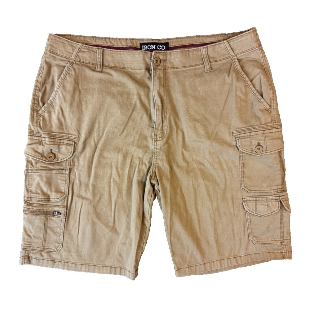 Iron Co. Cargo Shorts Mens 40 Flat Front Beige Tan Khaki Button Pockets Casual